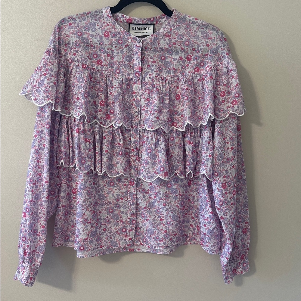 Berenice Womens Pink Floral Ruffled Button Down Cotton Blouse Top Sz 40(US Sz 8)